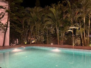 A swimming pool surrounded by palm trees at night. - The Blackbuck Ashwem (Ashvem)
