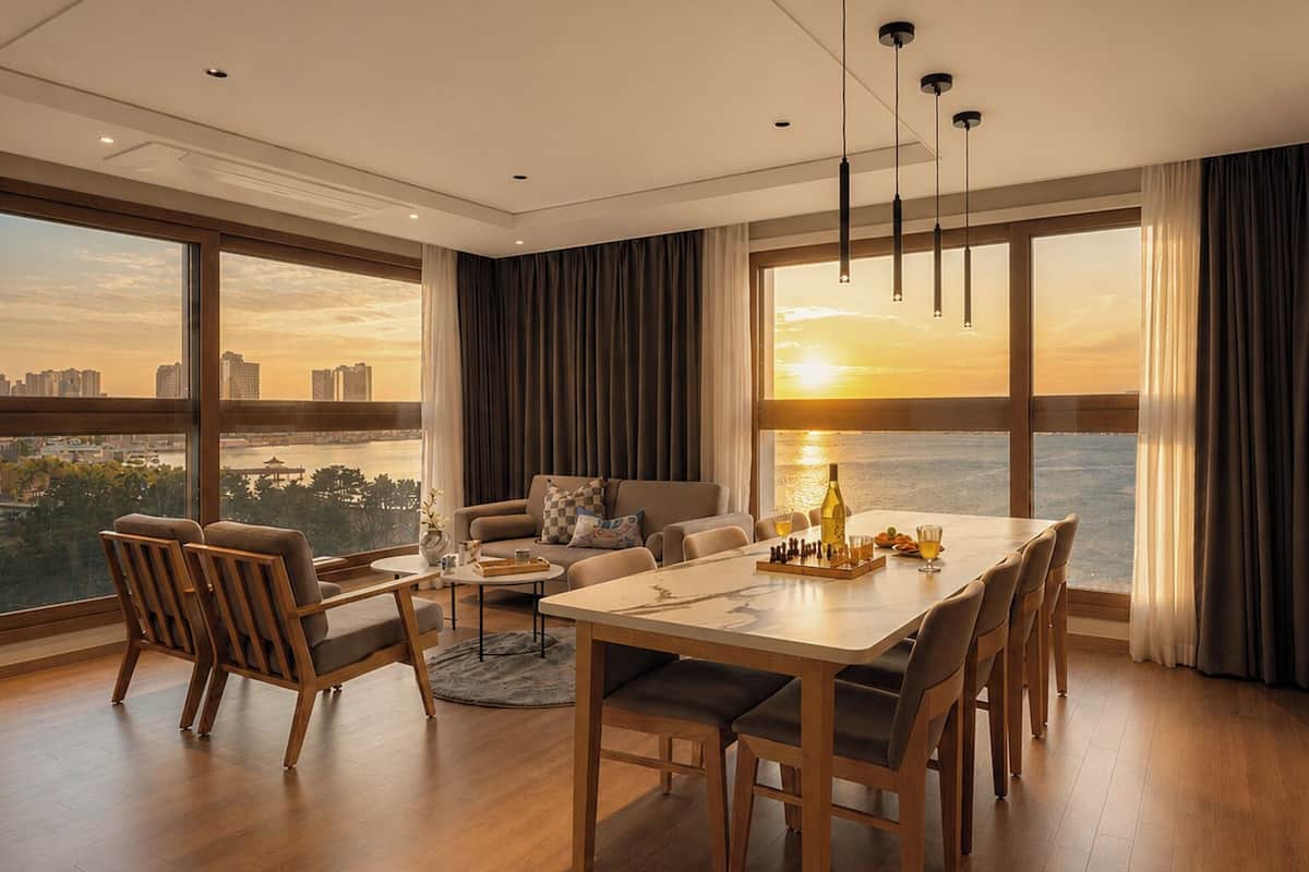 A modern dining area with a wooden table and chairs, a sofa, and a view of a sunset over a cityscape.