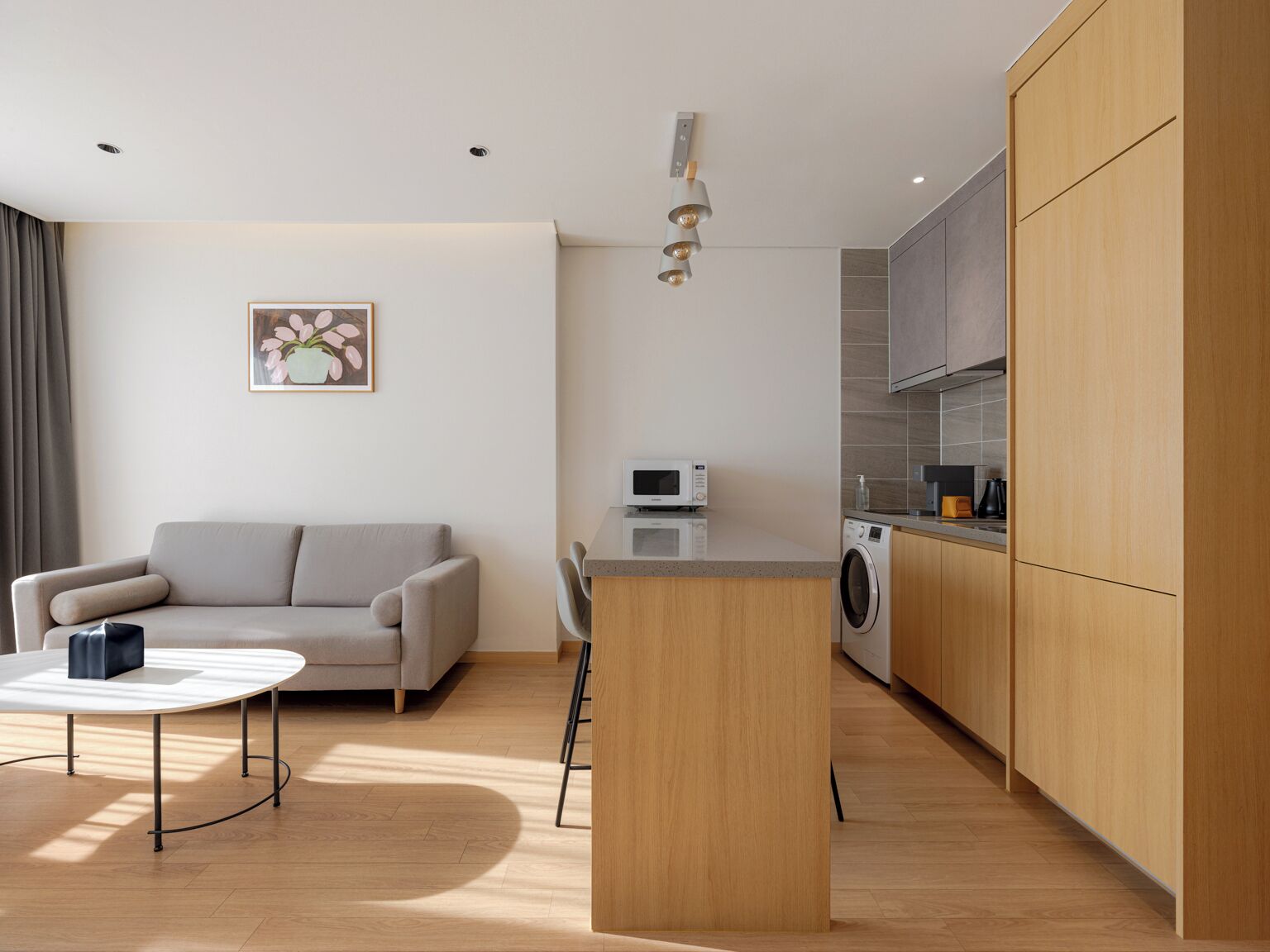 Un appartamento moderno con zona giorno che include una divano e un tavolino, cucina con pensili in legno e un forno a microonde, e una piccola isola con lavello.