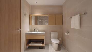 A modern bathroom with a wooden vanity, a toilet, and a towel rack.