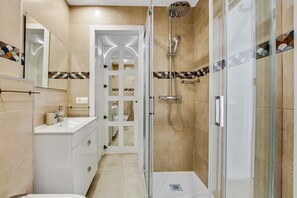 Shower, hair dryer, towels