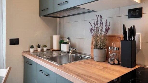 A modern kitchen with a wooden countertop, stainless steel sink, and teal cabinets. - Pratellino Florence Apartment (Firenze)