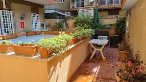 Une terrasse sur le toit, agrémentée de plantes en pot, d’une table et de chaises.