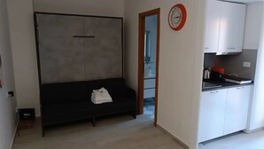Une pièce de taille modeste comprenant un lit, un petit coin cuisine et une porte visible donnant sur une autre pièce.