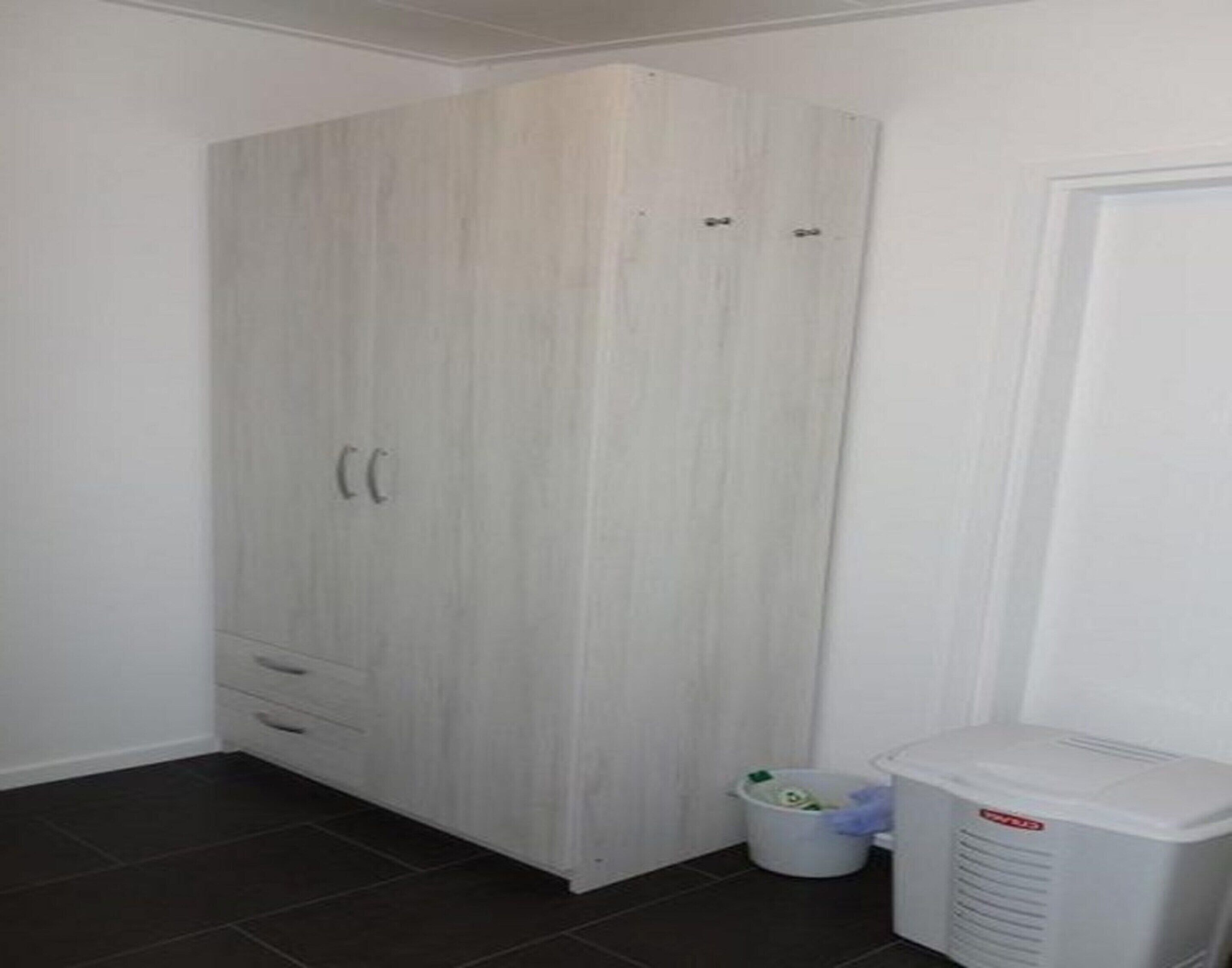 A room with a large wardrobe, a washing machine, and a small trash bin.