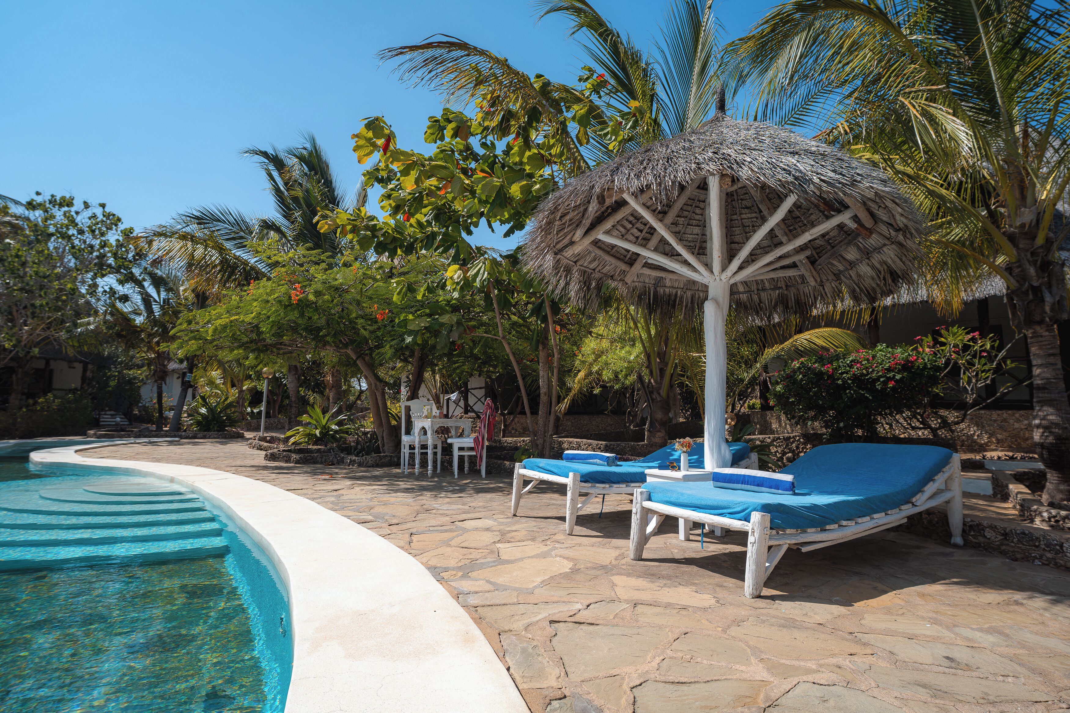 A poolside area with lounge chairs, a thatched umbrella, and tropical vegetation.