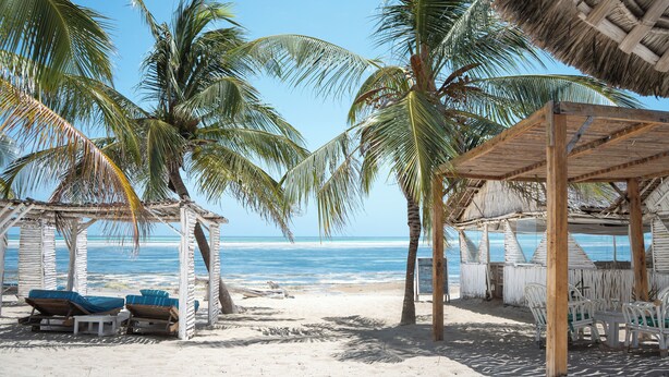 A beach scene with palm trees, a wooden structure with chairs, and a view of the ocean. - Exploreans Beach Club & Villas Watamu (Malindi)