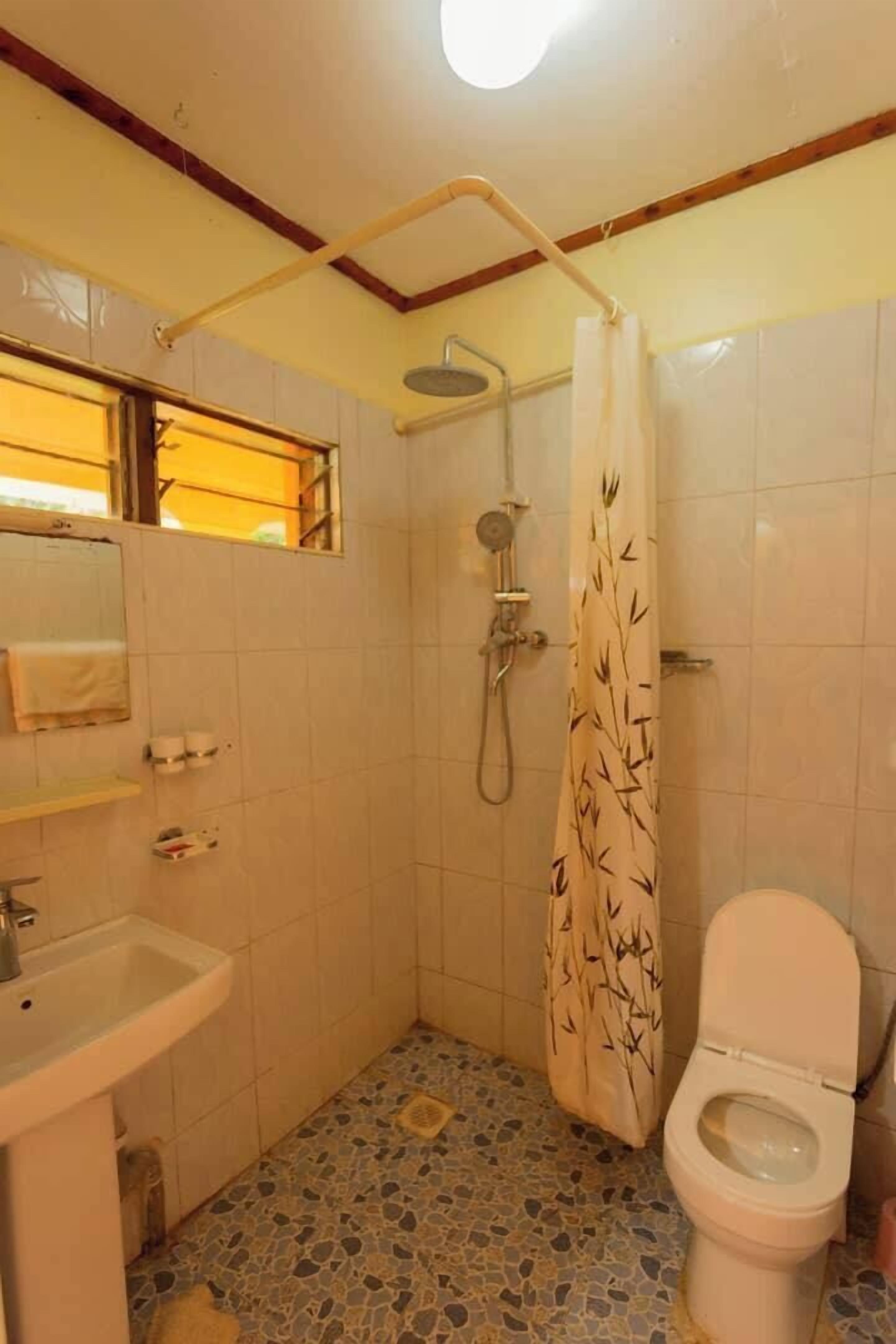 Een kleine badkamer met een douche, toilet, wastafel en betegelde vloer.