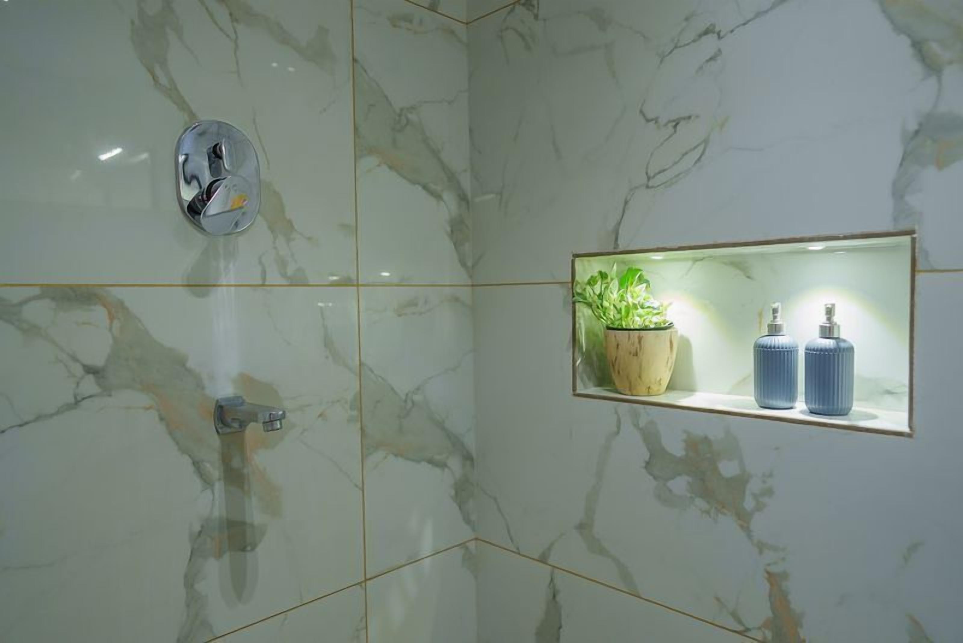 A bathroom with a marble wall, a showerhead, a potted plant, and two bottles.