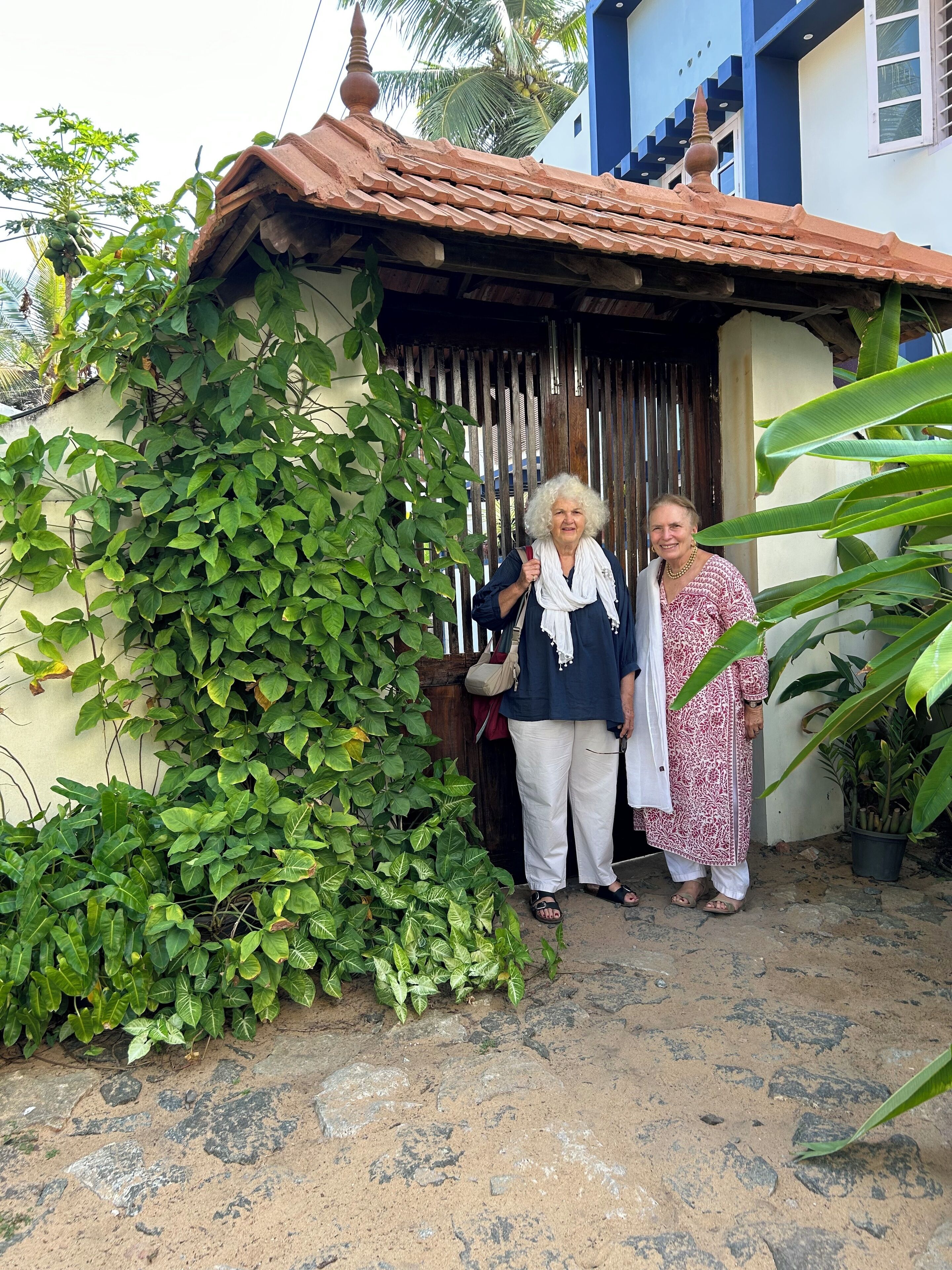 A traditional house with a tiled roof, surrounded by lush greenery and a palm tree.