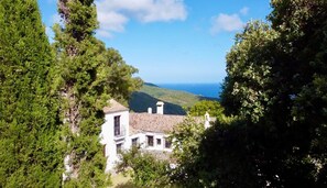 A white building with a tiled roof, surrounded by dense green foliage, overlooking a coastal landscape.