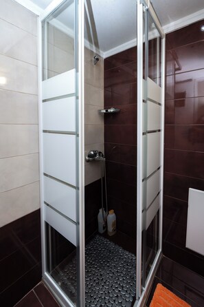 Hair dryer, towels, soap, toilet paper