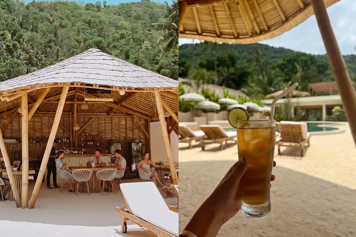 A bamboo structure with a thatched roof, outdoor seating, and a pool area.