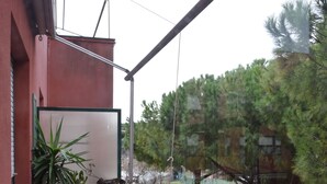 Ein Balkon mit Kübelpflanzen, einem Metallgeländer und Blick auf Bäume und Gebäude.