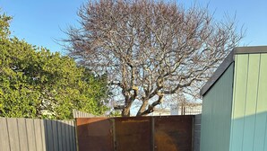 Un terrazzo in legno con una panchina bianca e un tavolo rotondo, circondato da una recinzione in metallo e un albero.