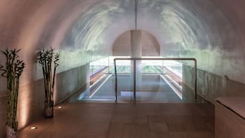 Indoor pool, seasonal outdoor pool, pool umbrellas, pool loungers