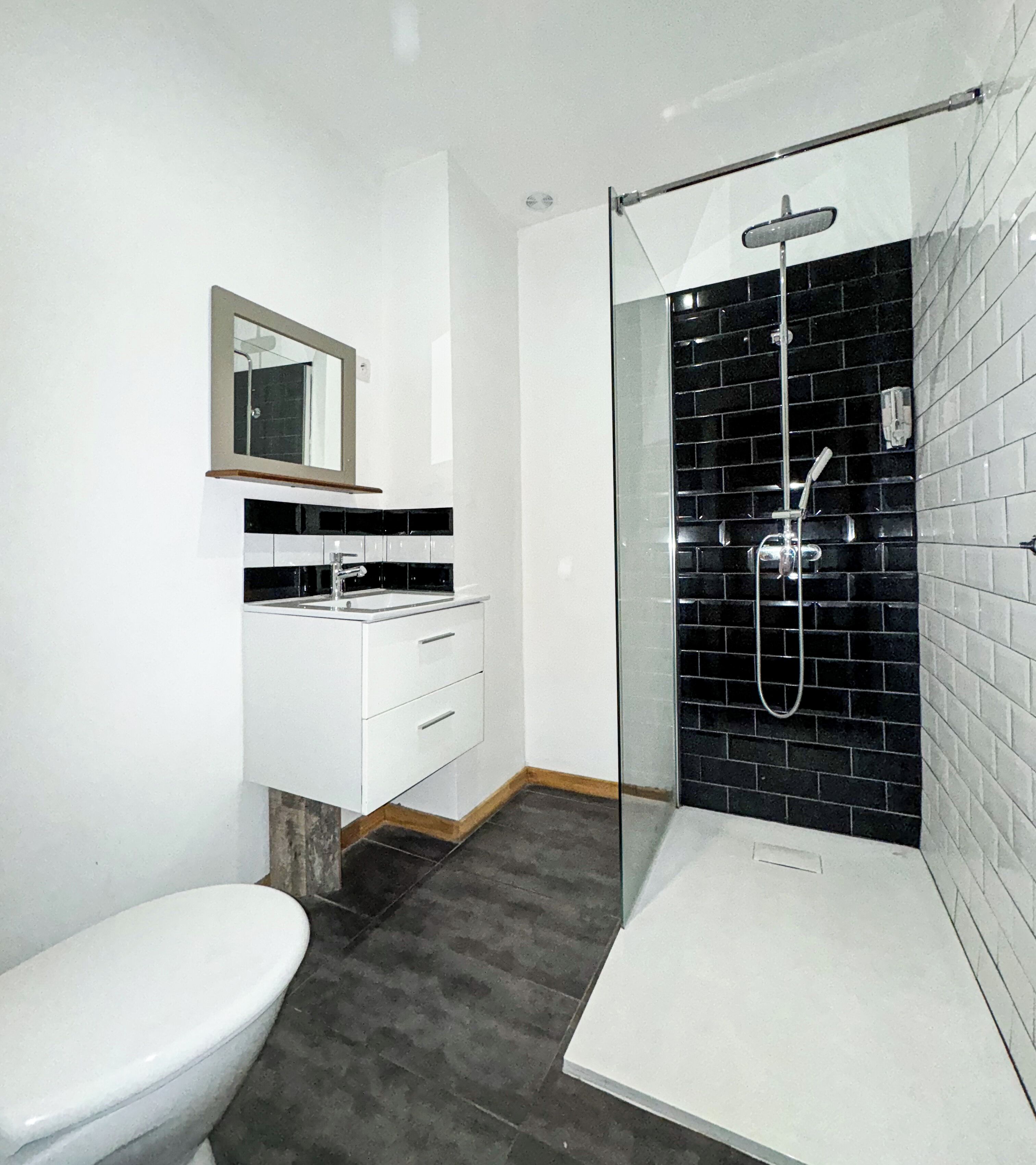 A modern bathroom with a toilet, a vanity with a mirror, and a glass-enclosed shower area with black tiles.