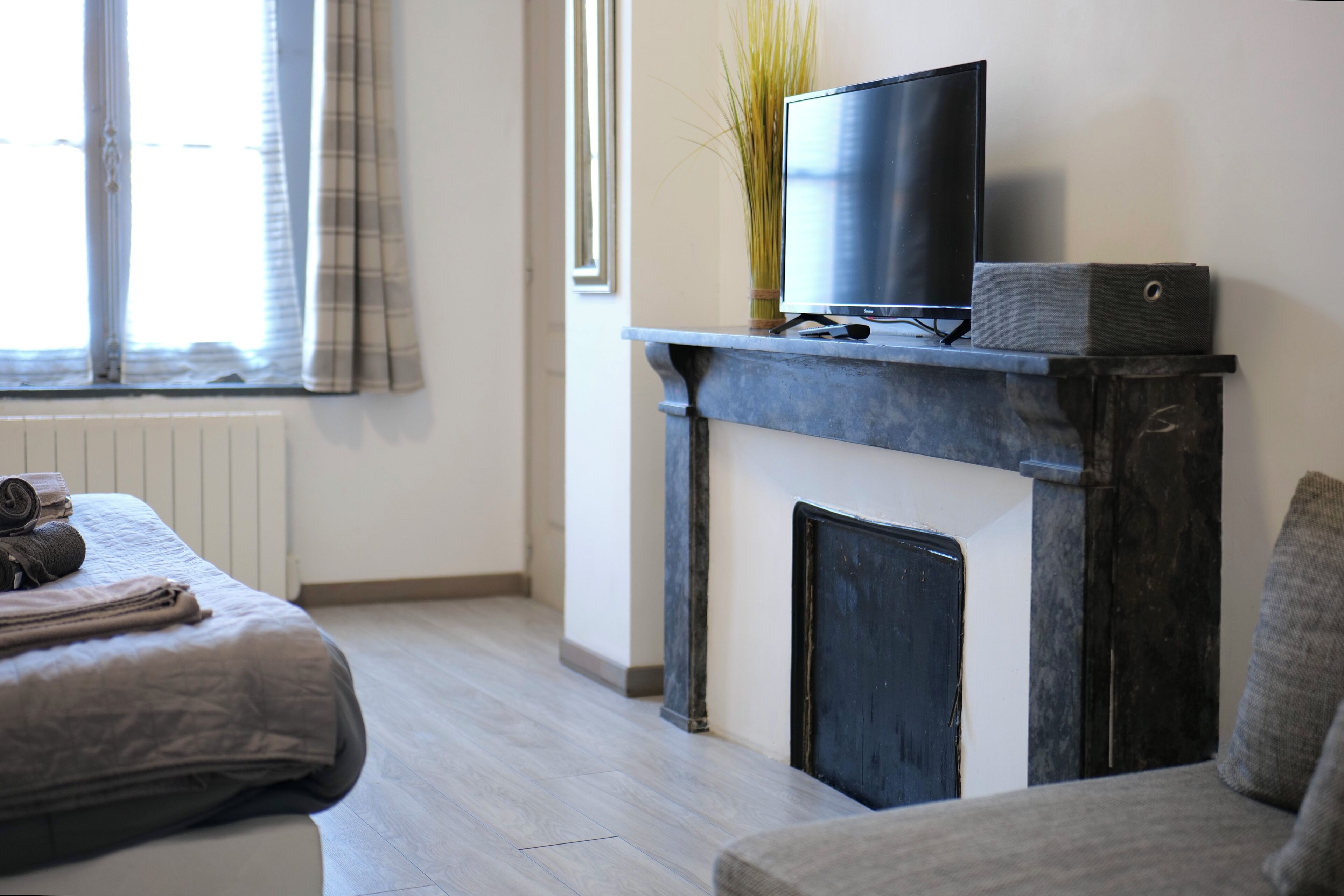 A modern room with a bed, a sofa, a fireplace, and a television.