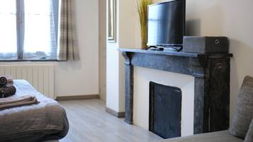 A modern room with a bed, a sofa, a fireplace, and a television.