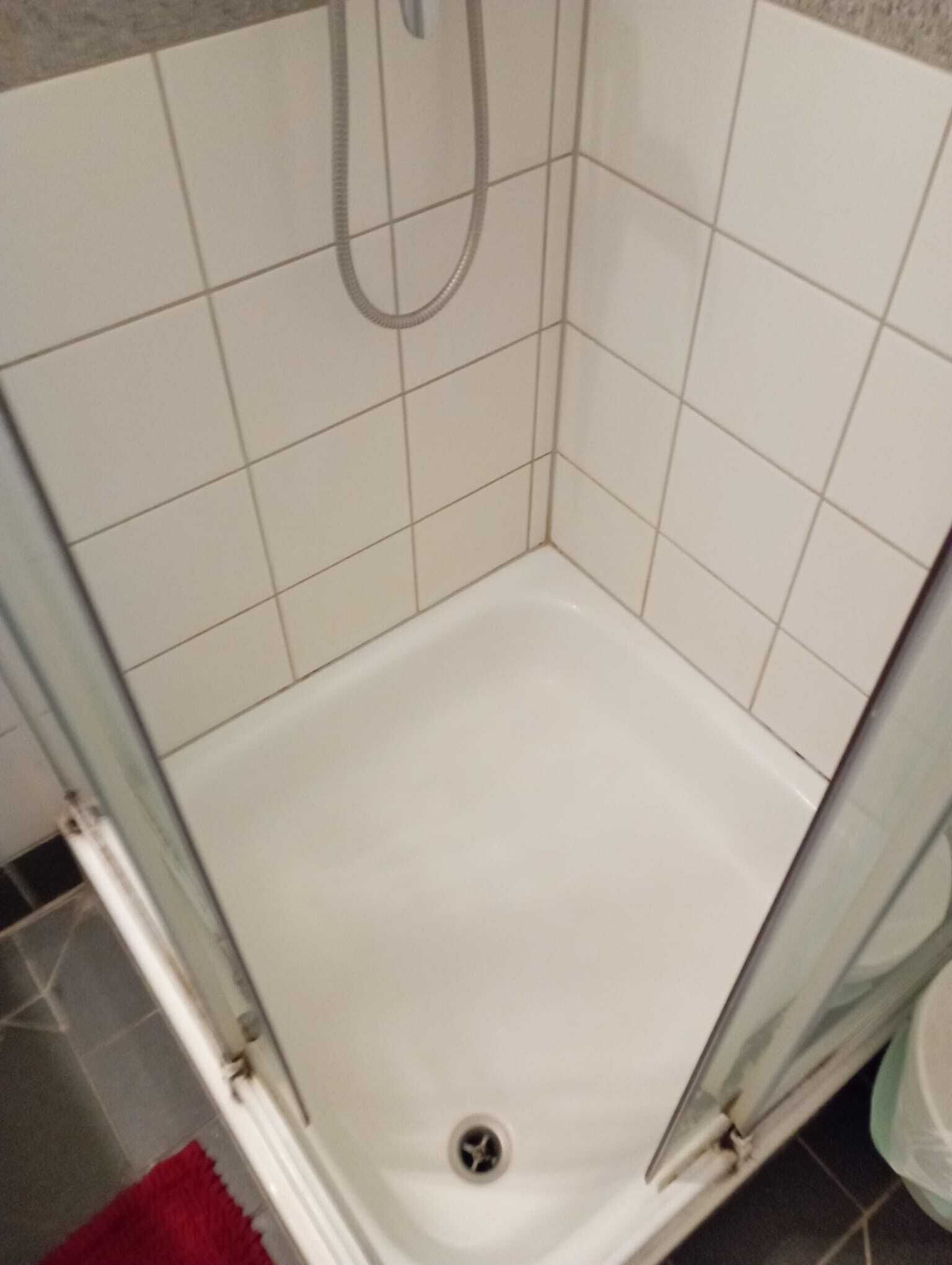 A shower with white tiles, a glass door, and a red rug.