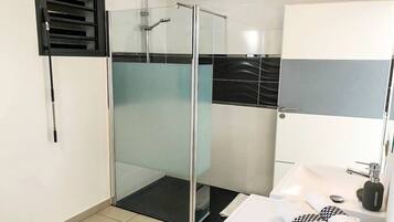 Hair dryer, towels, soap, toilet paper