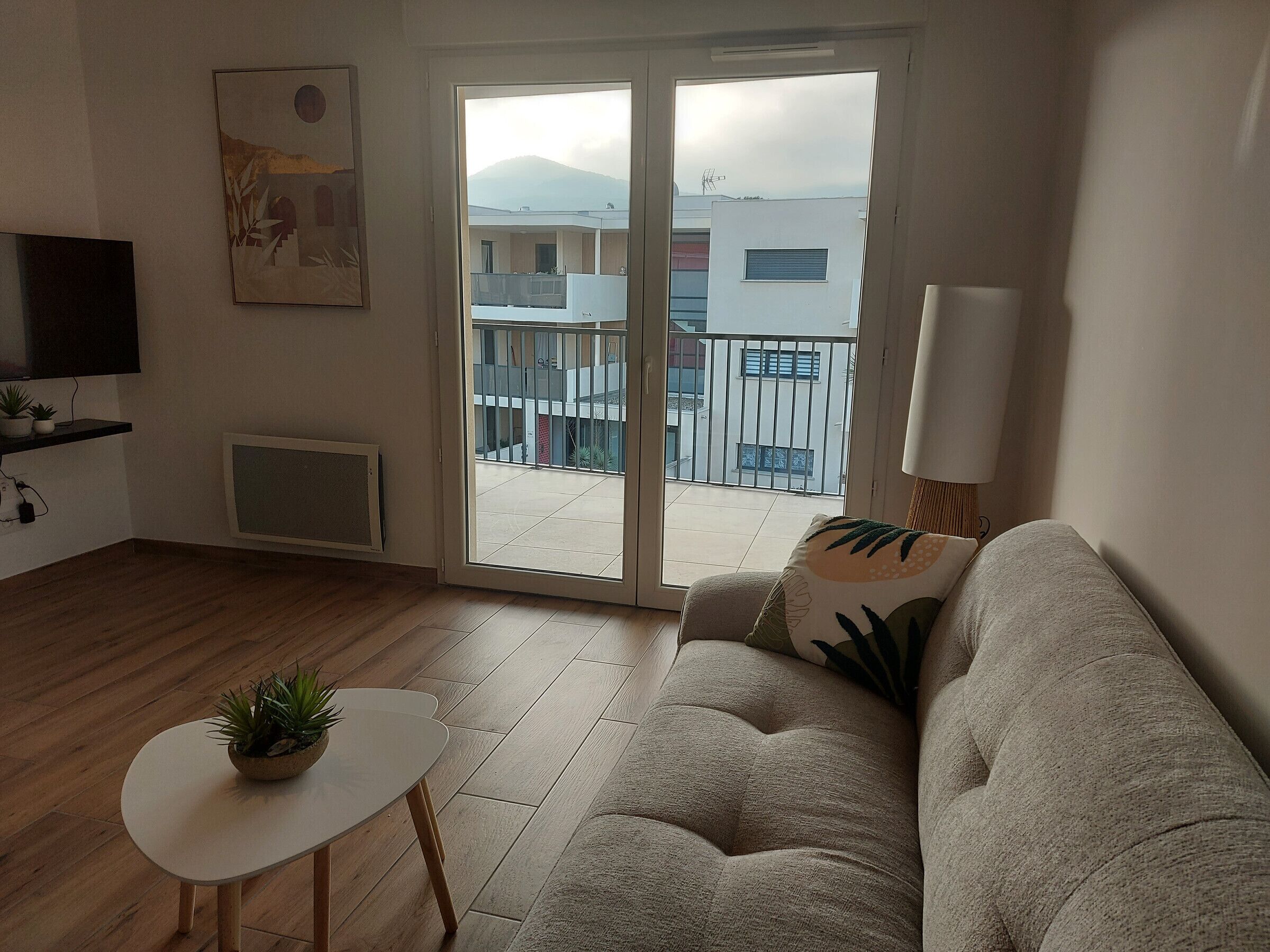 Un salon comprenant un canapé, une petite table avec une plante, un téléviseur et une porte-fenêtre coulissante donnant sur un balcon.