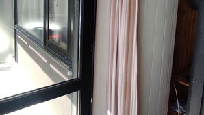 A room with a window, a radiator, and a curtain.