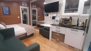 Une pièce de taille modeste comprenant un lit, un canapé, une petite kitchenette et un téléviseur fixé au mur.