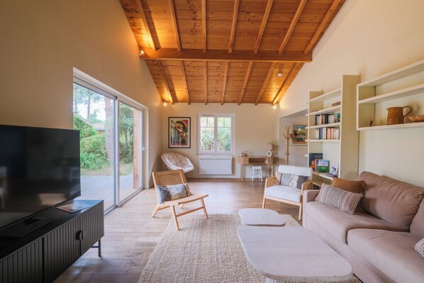 Télévision, cheminée, table de tennis de table