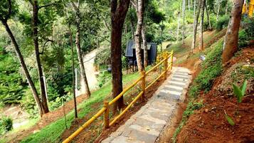 Uma escadaria de pedra com corrimão amarelo serpenteia por um declive, cercada por vegetação densa e árvores.