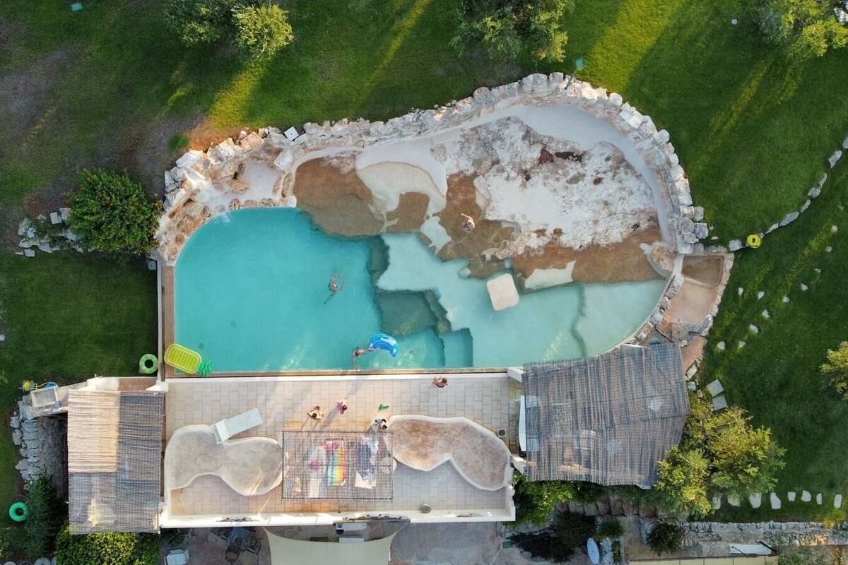 An aerial view of a swimming pool with a stone border, surrounded by grass and trees.