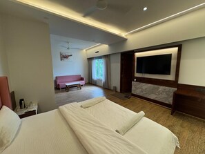 A hotel room with a bed, a TV, a sofa, and a window with curtains. - Hotel Geetanjali (Pipariya)
