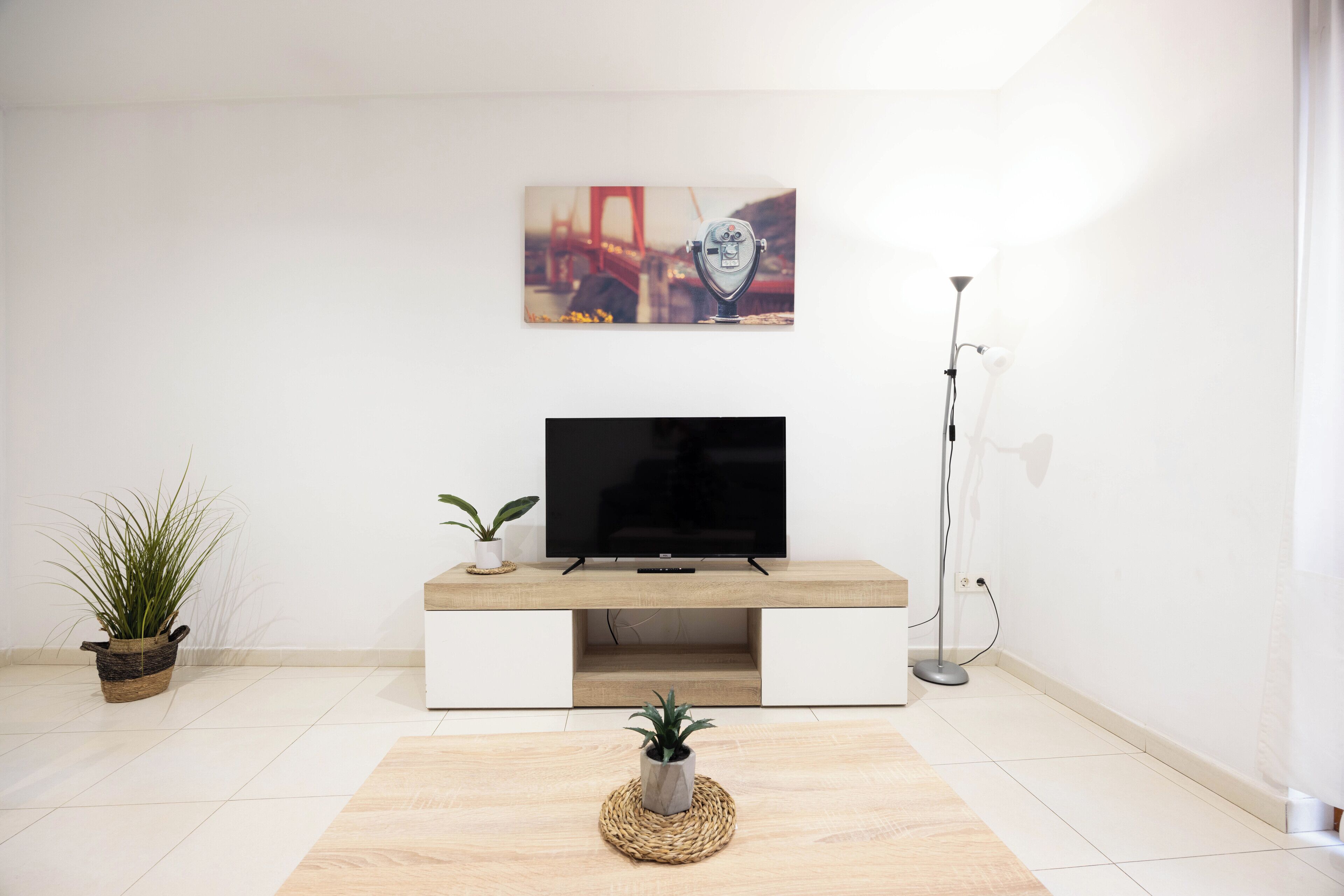 A modern living room with a flat-screen TV on a wooden console, a painting above the TV, and two potted plants.