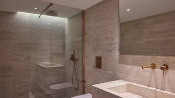 Shower, hair dryer, bathrobes, slippers