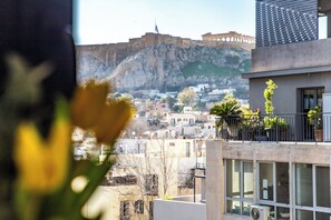 A view of a cityscape with a prominent historical building in the background, modern buildings in the foreground, and a balcony with potted plants. - NOOS Acropolis (Athens)