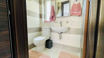 Shower, hair dryer, towels, shampoo