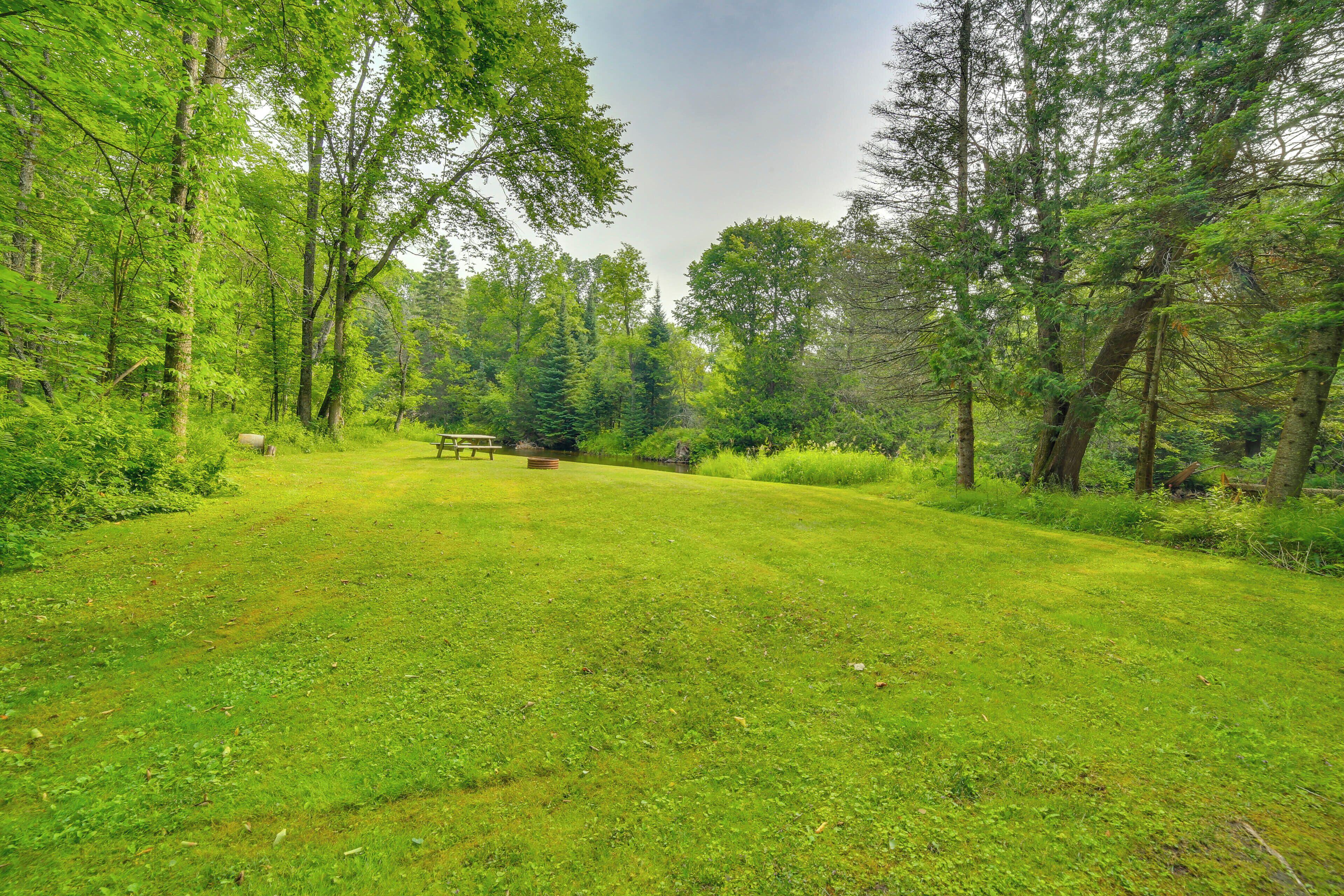 Ein grünes Parkgebiet mit Picknicktisch und Bänken, umgeben von Bäumen.