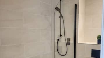 Shower, towels, toilet paper