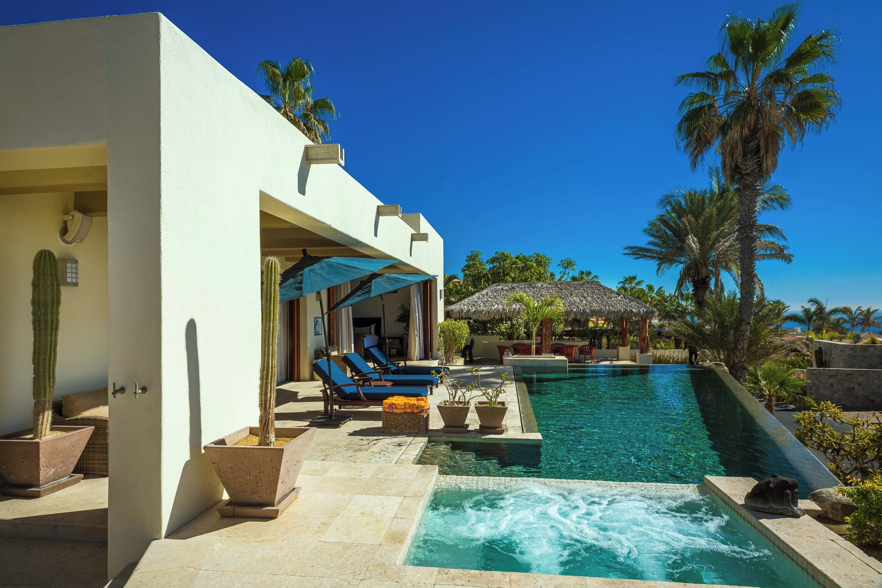 Un espace piscine doté de chaises longues, d’un jacuzzi et de palmiers.