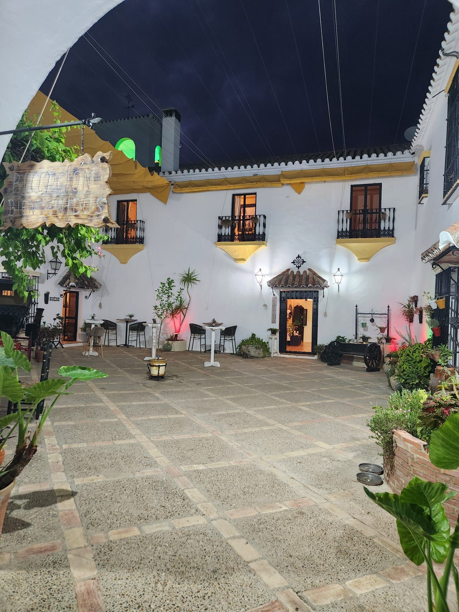 Un patio con suelo de baldosas, mobiliario exterior y plantas en macetas.