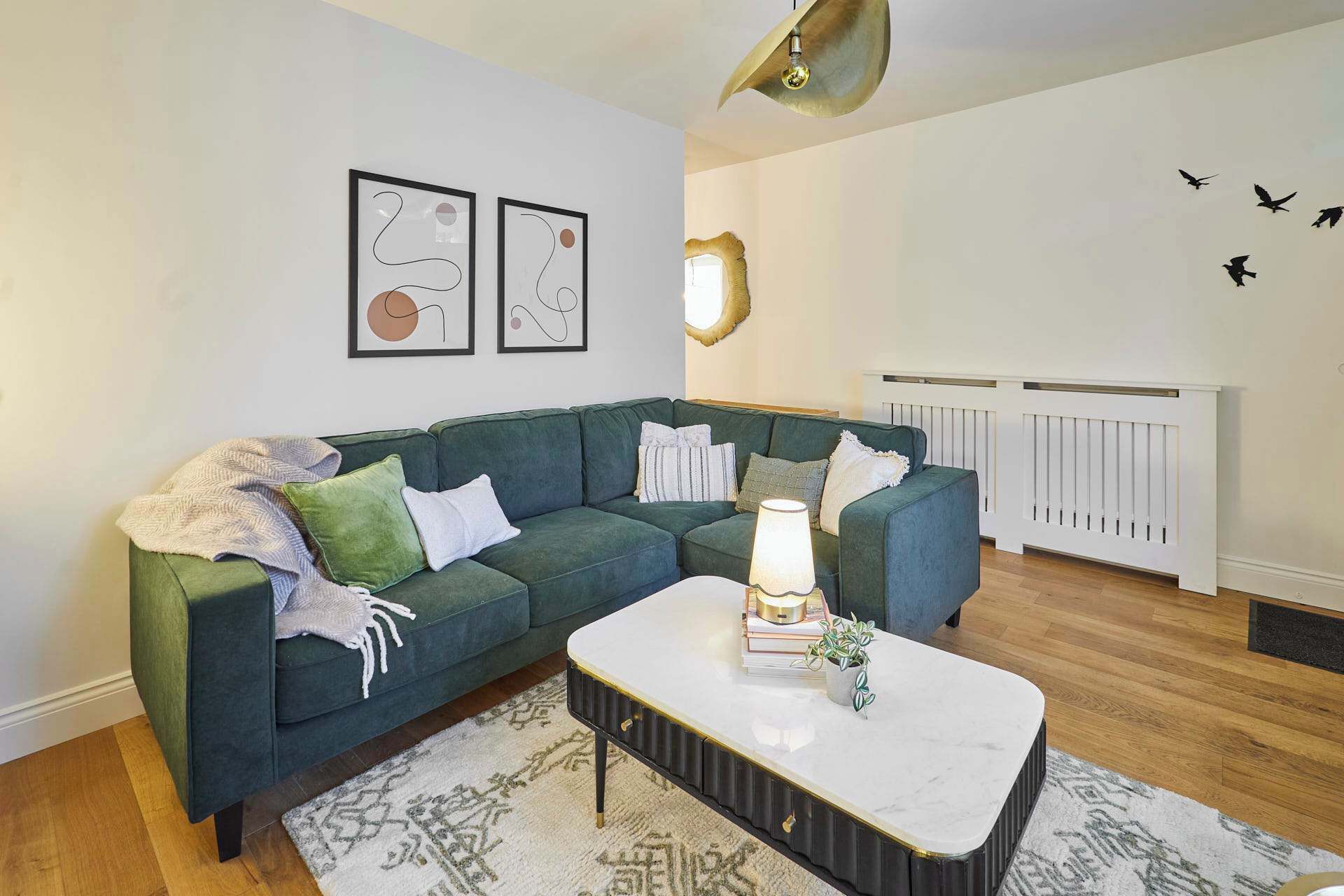 TV, fireplace, books, offices