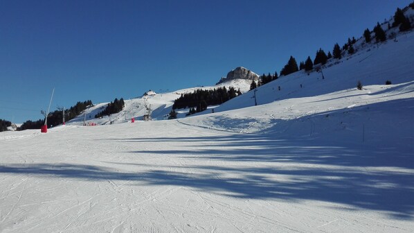 Une piste de ski enneigée, avec un ciel bleu dégagé, des remontées mécaniques et des arbres.