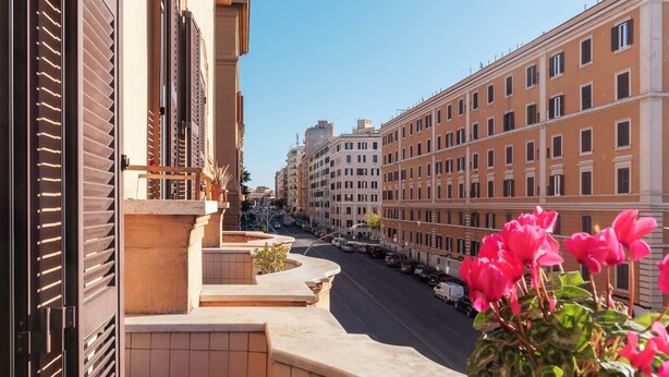 Un balcon orné d’un pot de fleurs, un sol carrelé et une vue sur une rue bordée de voitures garées et d’immeubles.