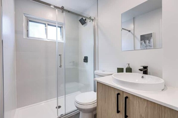 Shower, hair dryer, towels, soap