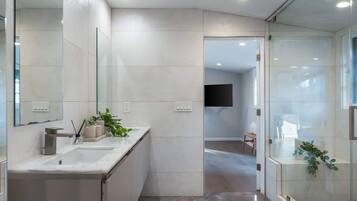 Shower, hair dryer, towels, shampoo