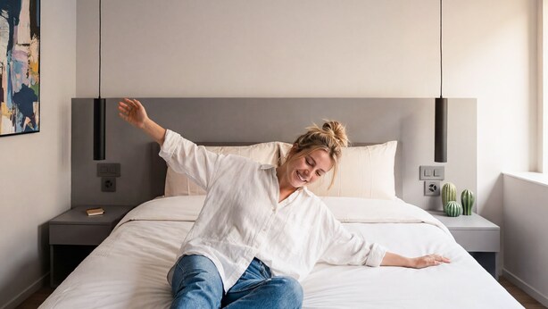 Een bed met een witte dekbedovertrek, een nachtkastje met een lamp en een kleine potplant.