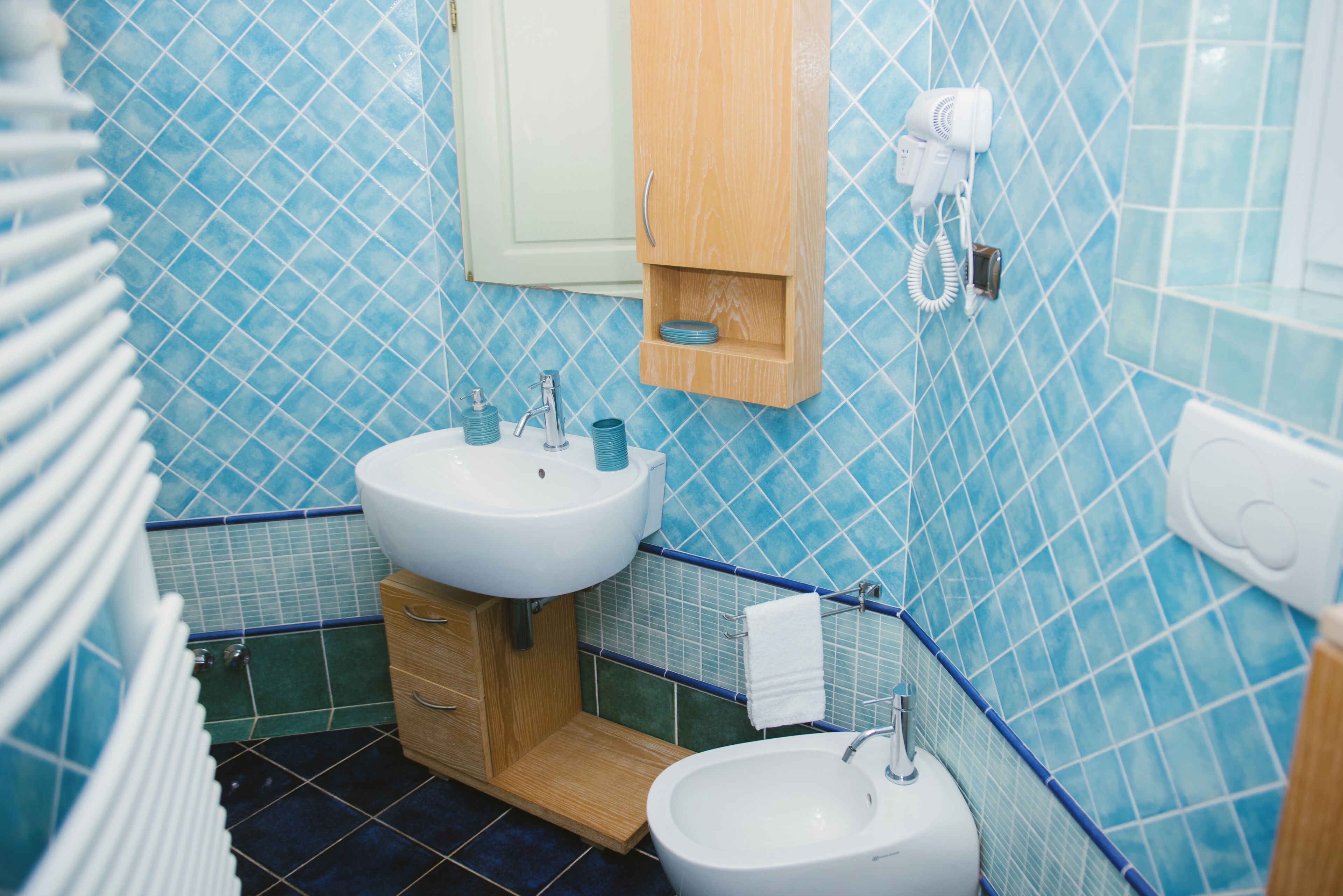 A bathroom with two sinks, a mirror, a towel rack, a hairdryer, and a cabinet.
