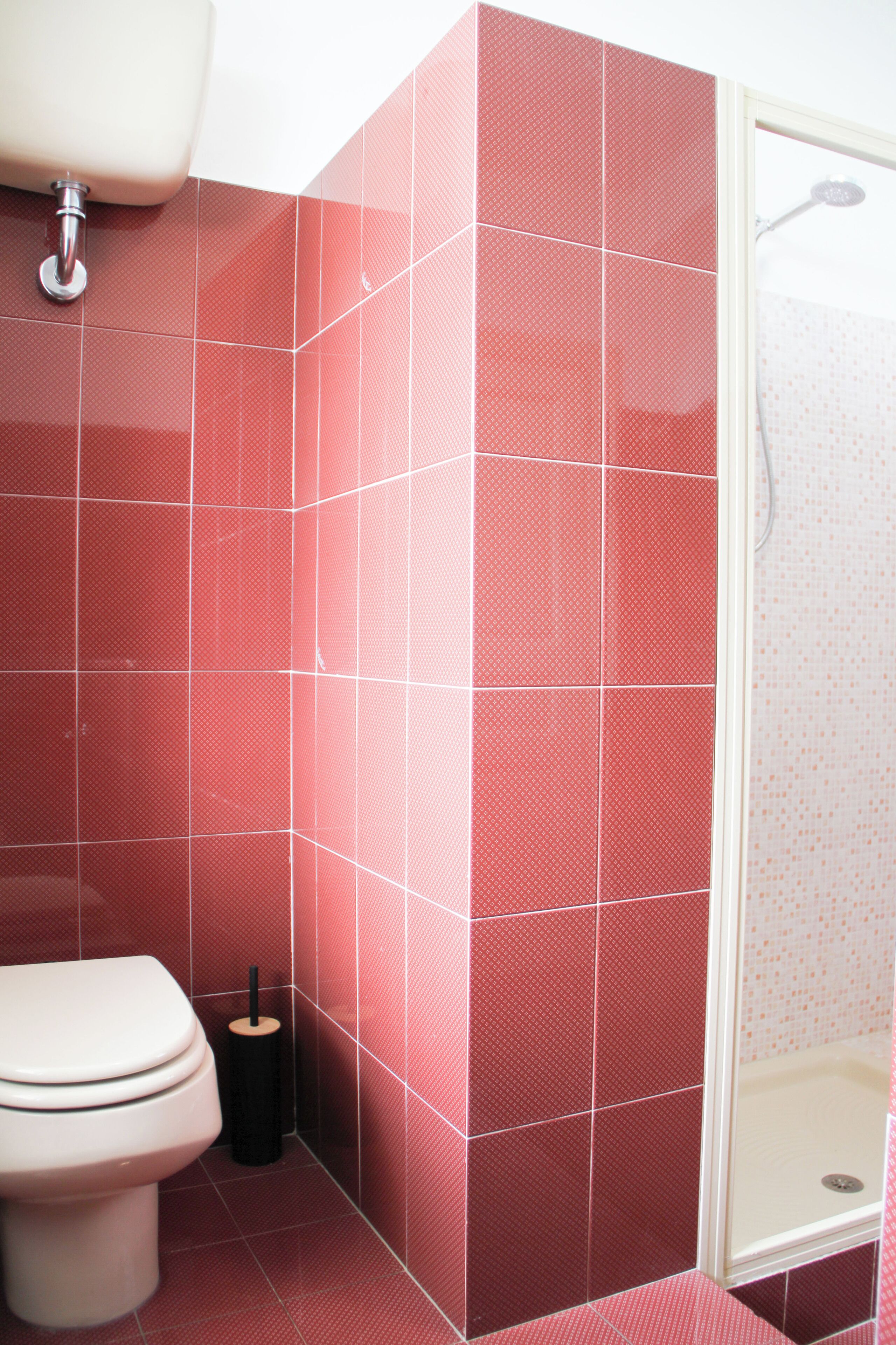 A bathroom with red tiles, a toilet, and a shower area.