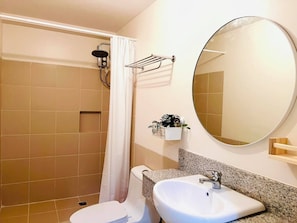 Shower, hair dryer, bidet, towels