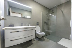 Douche, séchoir à cheveux, serviettes fournies, savon
